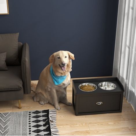 Station d'alimentation surélevée pour grand chien, 2 gamelles inox 2 L, tiroir, 60x30x36 cm, noir (1/5)
