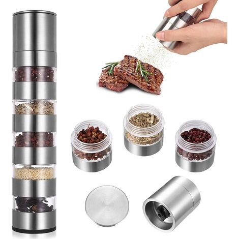 5 en 1 Pot à Épices, Mini Pot Epices pour Camping, Mini Bocaux à Épices de Voyage Portables, Rangement Epices Cuisine en Acier Inoxydable pour Pique-nique Barbecue Voyage (1/5)