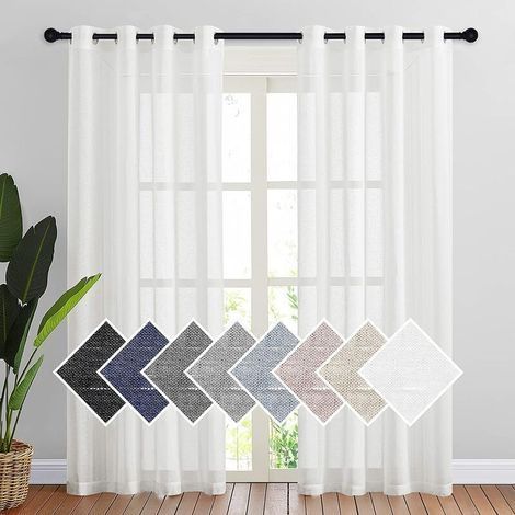 Weiße, transparente Gardinen – Fenstergardinen – Lichtdurchlässige, halbtransparente Ösengardinen, Leinen-Voile-Gardinen, Wohnaccessoires, B 140 x H 220 cm, Weiß, 2-teilig (1/5)