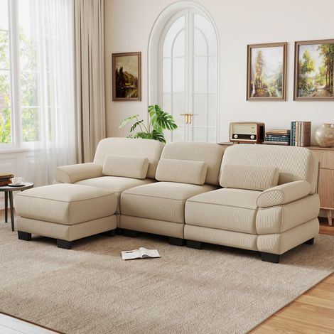 Sofá modular en L de 3 plazas con puf, pana beige, 265 x 161 x 94 cm REDOM (1/5)