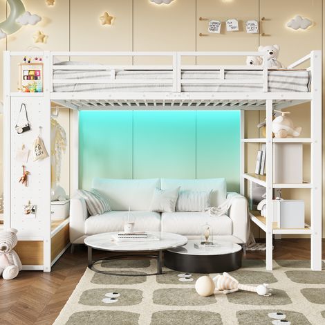 Letto a soppalco in metallo e MDF bianco 140x200 cm con armadio aperto, scaffali, pannello forato e LED (1/5)