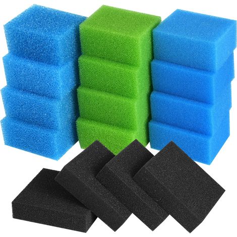 Lot de 16 éponges filtrantes pour aquarium compatibles avec Juwel Compact/Bioflow 3 m, filtres d'aquarium (bleu grossier/fin, vert biologique, charbon actif), réduction des nitrates, eau douce et (1/4)