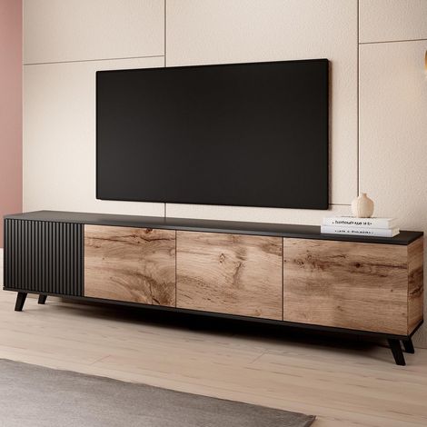 Meuble TV 200 cm noir et aspect chêne wotan PUMP (1/5)