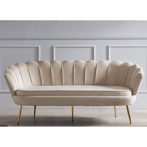 Canapé 3 Places Design Coquillage en Tissu Aspect Velours Beige et Pieds Métal Doré - PANGIVO (1/5)