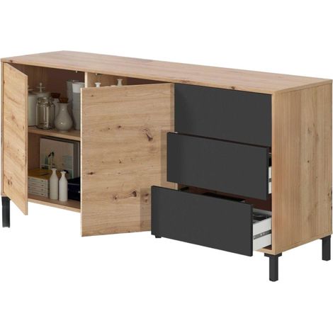 Credenza Concord, Buffet da soggiorno, Mobile porta TV, Armadio per salotto, Madia moderna a 2 ante e 3 cassetti, 154x41h74 cm, Rovere nodi e Antracite