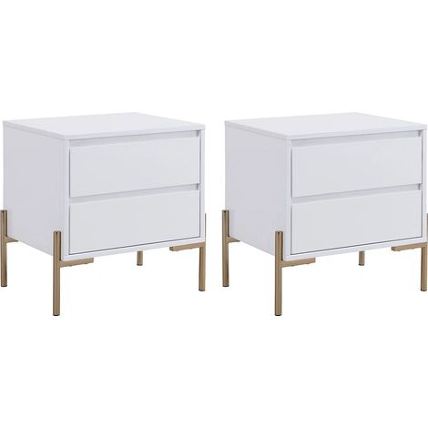 Lot de 2 tables de chevet avec 2 tiroirs - MDF et métal - Blanc laqué et doré - KORASA de Pascal Morabito (1/5)