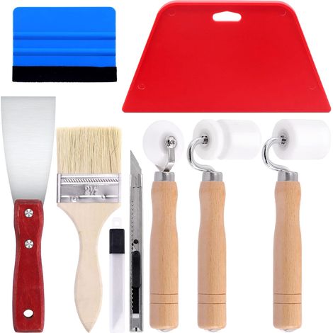 Kit de 9 outils de lissage de papier peint comprenant 3 rouleaux à couture plate, 2 raclettes à lisser, 1 pinceau, 1 couteau à mastic et 1 couteau à papier adhésif avec lames de 9 mm (1/5)