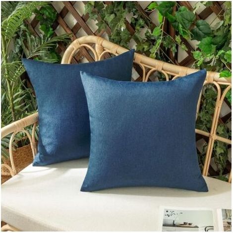 Lot de 2 Housse de Coussin Imperméables Taies d'oreiller en Lin Extérieur Canapé Housse de Coussin de Jardin Décoratif pour Salon Chambre 2 Pièces Bleu Fonce 50x50cm (1/4)