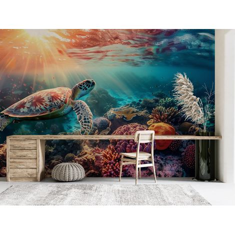 Papier peint animaux - tortue marine survolant le récif corallien - 150 x 250 cm (1/2)