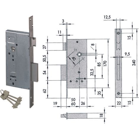SERRATURA METALLO INFILARE 57211 CISA - B.Q ZINC F.MM 22 DM M2+SCR E.MM 60 - 1 pezzo (1/5)