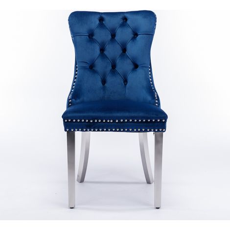 Lot de 2 chaises modernes haut de gamme DE1701BL, piètement acier chromé, assise velours bleu, dossier capitonné clouté, bois massif, salle à manger.