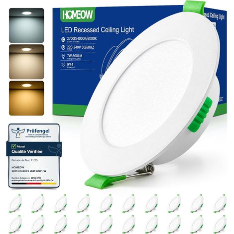 Spot LED Encastrable Dimmable 7W, 220V Spots de Plafond Extra Plat, Spot Salle de Bain IP44, Reglable Blanc Chaud 2700K Blanc Neutre 4000K Blanc Froid 6000K, Trou Φ75-90mm, Lot de 6 (1/5)