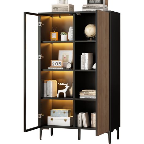 Vitrine haute 90 x 40 x 135 cm, meuble de rangement noir et bois clair avec LED Bluetooth, 2 portes et 8 compartiments, CHICFURN (1/5)