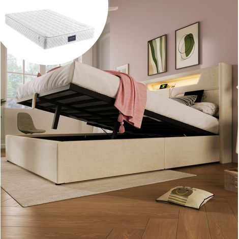 Cama doble con almacenamiento LED USB lino beige OKMYHOME (1/5)
