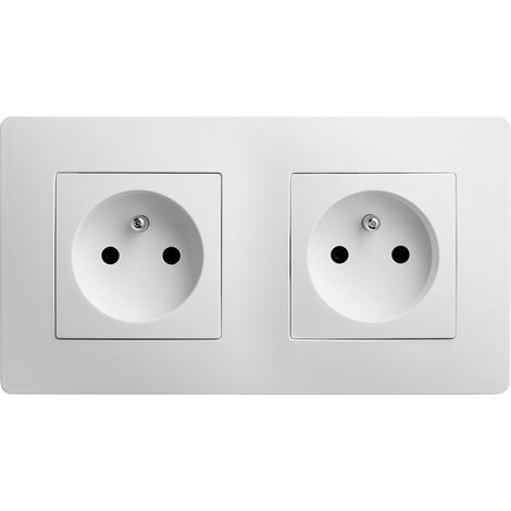 Doppelsteckdose, 2 horizontale Anschlüsse, 16 A mit Erdung, weißer Kunststoff, für Unterputzmontage (1/2)