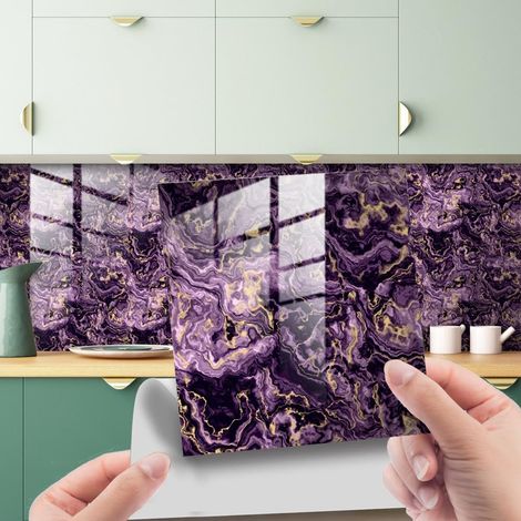 20 piastrelle adesive per pareti di cucina e bagno, paraschizzi adesivo per cucina, piastrelle adesive in PVC effetto marmo retrò (viola, 10x10 cm) (1/5)