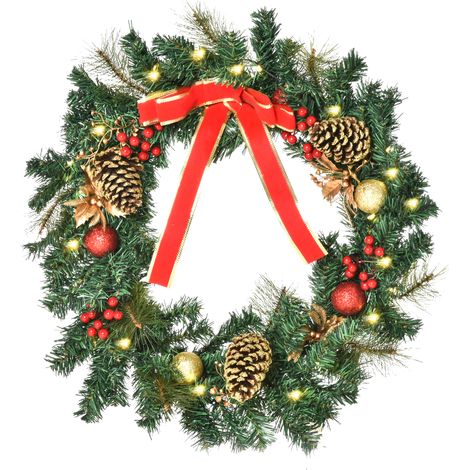 Künstlich beleuchteter Weihnachtskranz, 60 cm, mit 20 LEDs, Stechpalmenzweigen und Tannenzapfen (1/5)