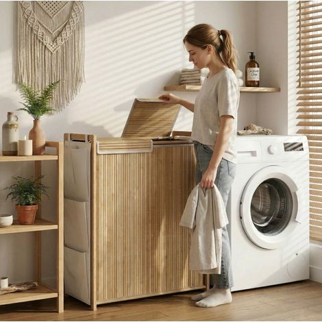 Cesto para ropa 63x33x78 cm color madera natural de bambú con tapa, 120 L y bolsas dobles (1/5)