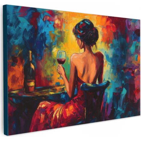TABLEAU SUR TOILE Vin - Femme - Atmosphérique - Coloré Decoration Murale Peinture Salon 120x80 cm