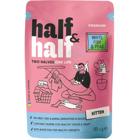 Alimento húmedo Half&Half para gatitos Junior: pescado blanco y guisantes en gelatina, 85 g. (1/2)