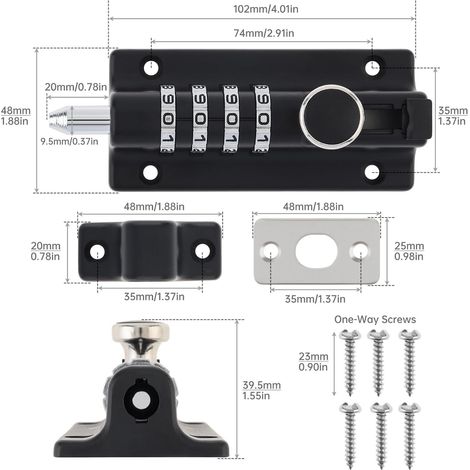 Cadenas à combinaison à 4 chiffres, pêne coulissant de sécurité en alliage de zinc épais pour portails de jardin (1, noir) (1/4)
