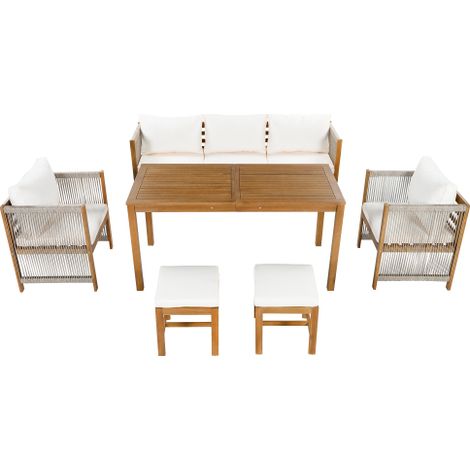 Ensemble Salon de Jardin Table et Chaises 6 Pièces Canapé 3 Places 2 Fauteuils 2 Poufs Table à Manger Acacia Terrasse Beige (1/5)