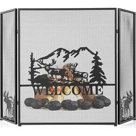 GOPLUS Pare Feu Cheminée Pliable 3 Panneaux en Fer, Écran de Cheminée Pare-Étincelles Pliable pour Décoration de Salon, Grille de Protection pour Cheminée Autoportante (Bienvenu, 132x79CM) (1/5)