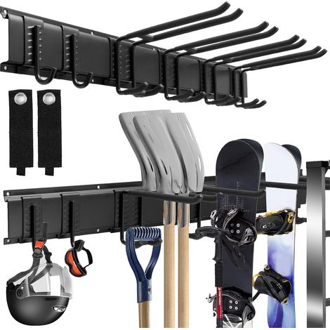 Mensola a muro per attrezzi da garage, con 6 ganci metallici regolabili, ideale per appendere attrezzatura da sci, attrezzi da giardino, sedie, scope, mop, rastrelli e altri accessori da giardinaggio. (1/5)