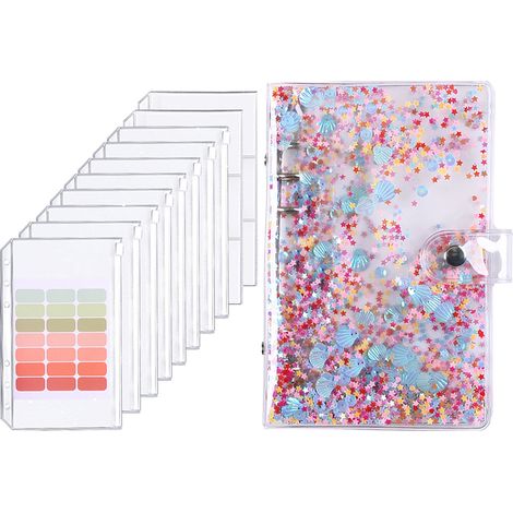Planificateur budgétaire A6 avec couverture pailletée transparente, 8 pochettes zippées, porte-cartes, doubles pochettes et étiquettes, coquille bleue (1/5)