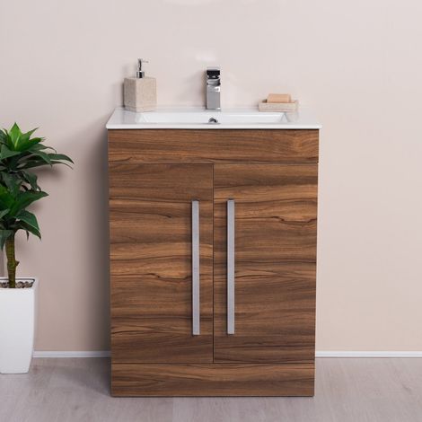 Walnut 600mm Bathroom Vanity Unit Basin Soft Close Door Flat Pack (1/5)
