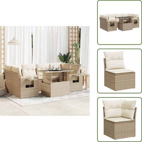 Tavolo da giardino - vidaXL Set Divani da Giardino 7 pz con Cuscini Beige in Polyrattan - Rattan PE
