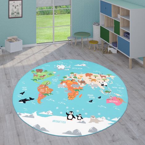 Paco Home Kinder-Teppiche, Kurzflor-Teppiche für Kinderzimmer mit vers. Designs Spielteppiche Bunt Türkis, 200 cm Rund