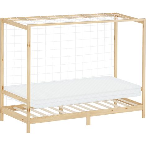 ML-Design Cama Infantil 90 x 200 cm en Forma de Portería de Fútbol Balonmano + Colchón 10cm Madera de Pino Natural, Cuna Individual para Niño con Somier de Láminas y Red Litera Maciza Juvenil de Juego