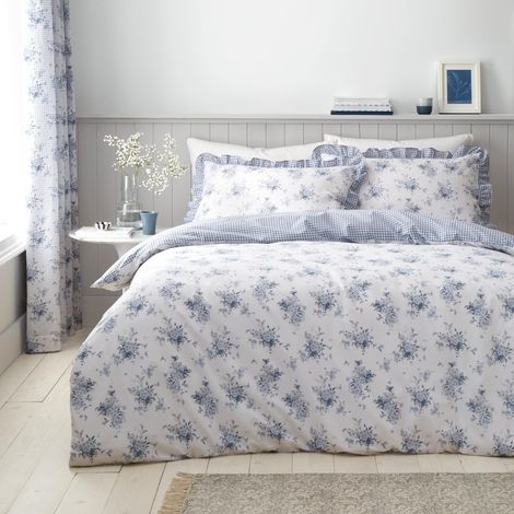 Parure de lit Double réversible avec Housse de Couette et taies d'oreiller Motif Floral Blanc/Bleu (1/5)