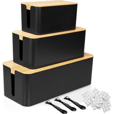Lot de 3 boîtes de rangement pour câbles, grande boîte de rangement avec couvercle en bois, boîte de rangement pour multiprise pour protéger câbles et prises – finitions noir et bambou (1/5)