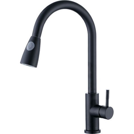 Moderne Küchenarmatur mit hohem Bogen und Handbrause, einhebelige Spültischarmatur, Edelstahl-Handbrause, schwarz (1/4)