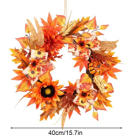 Guirlande De Porte Automne - Feuilles D'érable Et Tournesols En Soie - Éclairage Led Intégré - Pour Intérieur Et Extérieur - Diamètre 56 Cm - 1 Pièce (1/5)