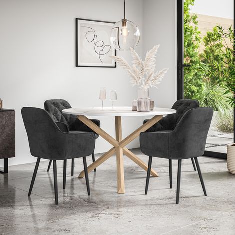 Malvern Round Dining Table And Chairs -  Marble Table Top w Solid Oak Legs + Anika Velvet Dining Chair Set Of 4 (Black) (1/5)