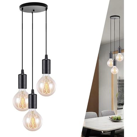 Moderne Lampe Suspension 3 Douille E27 Lampe Suspendue DIY Rétro Industrielle Luminaire Lustre Réglable Lampes de Plafond pour Maison Cuisine Chambre Salon Salle à manger, Noir (1/5)