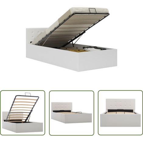 The Living Store Stauraumbett Hydraulisch Weiß Kunstleder 90×200 cm - Stauraumbett - Hydraulisches Bett - Kunstlederebett - Boxspringbettwagen - Singlebett (1/5)
