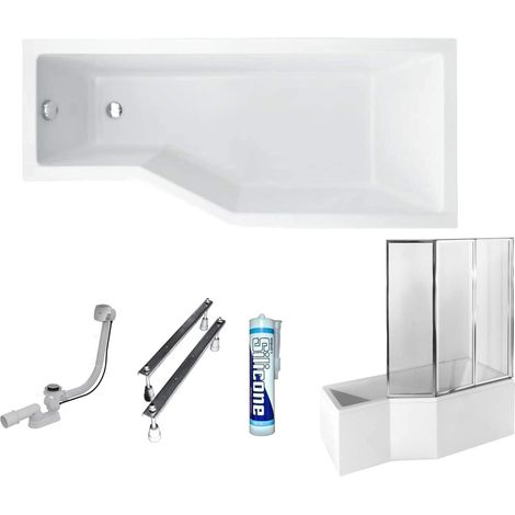 ECOLAM Baignoire d'angle en acrylique Integra 150x75 cm droite, blanc, habillage en acrylique, paroi en verre, siphon et silicone (1/5)