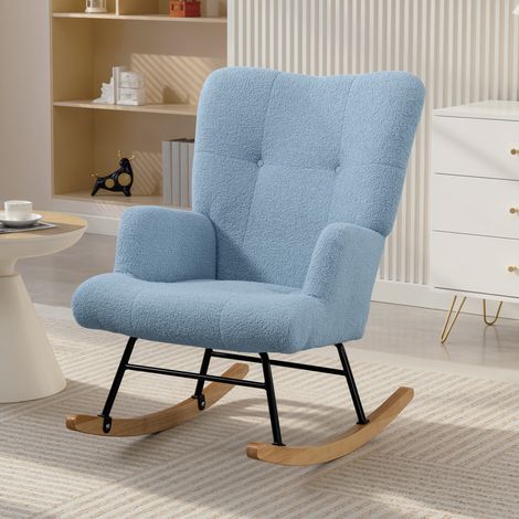 Silla Mecedora de Terciopelo de Teddy con Respaldo Alto Patas de Madera de Caucho Reposabrazos Azul Claro (1/5)
