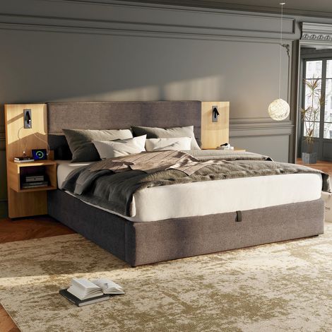 Lit coffre hydraulique 160 x 200 cm gris et effet bois naturel en velours avec tête de lit à oreilles, 2 chevets rangement, LED et USB-C (1/5)