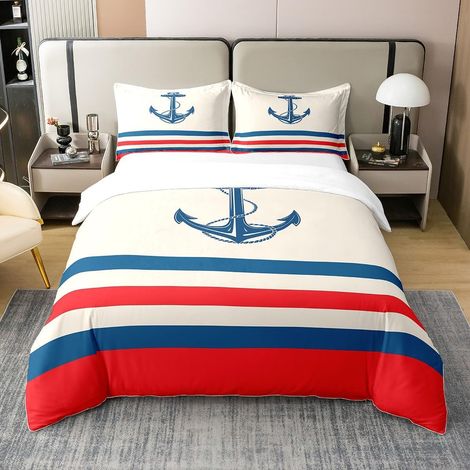 Ancre Literie Set Nautique 100% Coton Housse de Couette 200x200cm Femmes Ultra Doux expédition Marine Parure de Lit océan Ensemble de lit Chambre Ensemble de Literie - 200 x 200 cm + 2 taies d'oreille (1/5)