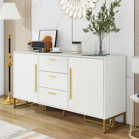 Elegante credenza bianca con motivo a spina di pesce, dotata di 2 ante e 3 cassetti, ideale per sala da pranzo, cucina e soggiorno (bianca).