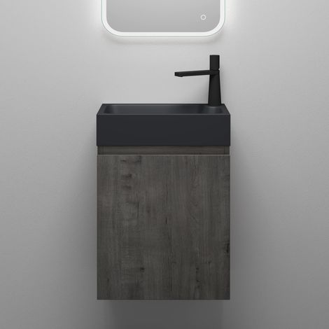 Mai & Mai Mobile Bagno Sospeso46x26x63cm in Rovere scuro, Set Mobiletto per Bagno con Lavabo da Minerale fuso in Antracite opaco, Seria Pisa02 (1/5)