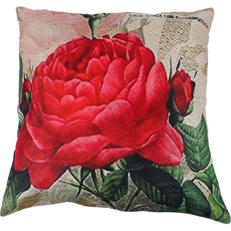 Housse de coussin décorative vintage en lin à motif floral (rose) (1/4)