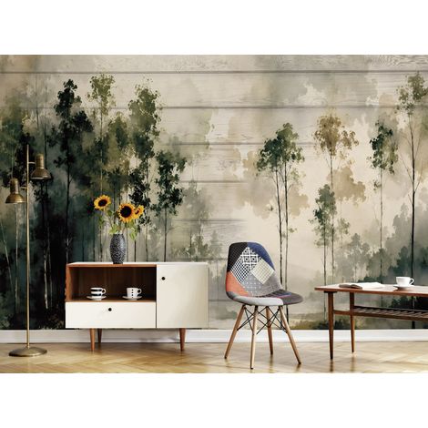 Papier peint panoramique forêt brumeuse aquarelle beige pour salon et chambre 416x254  cm (1/5)