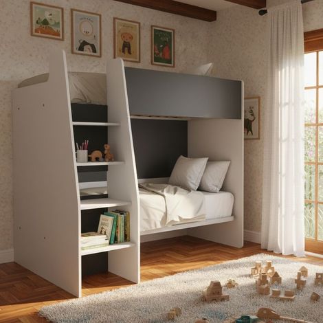 Letto a castello salvaspazio con scaletta frontale - Montaggio facile - Bianco e basalto
