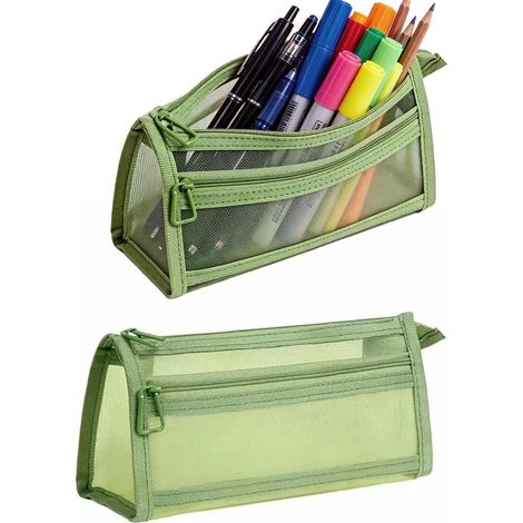 Lot de 2 trousses en maille vert transparent – Rangement spacieux pour fournitures, style minimaliste – Adaptées aux examens, modèle unisexe, idéal pour l'école et le bureau (1/5)